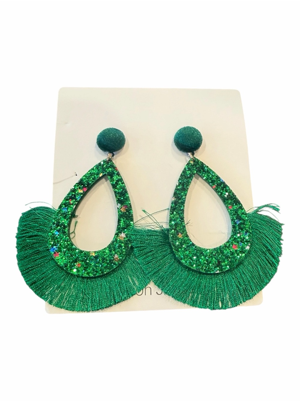 Lightweight Green Glitter Emerald Tassel Fringe Drop Statement Dangle Earrings N